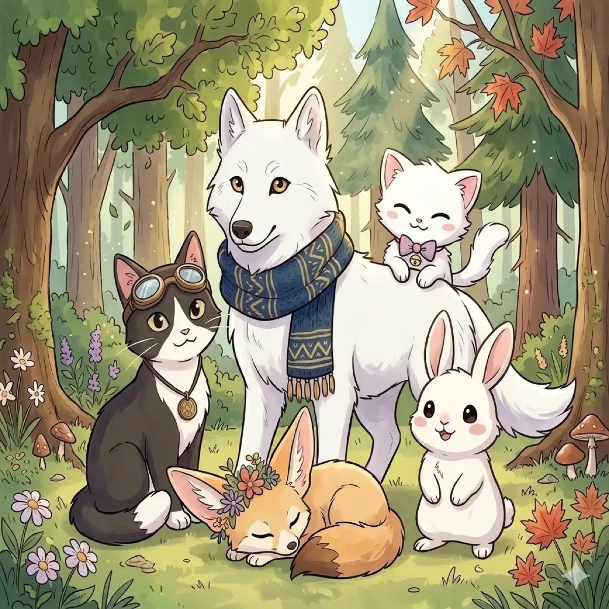 A group of friendly illustrated animals in a forest.